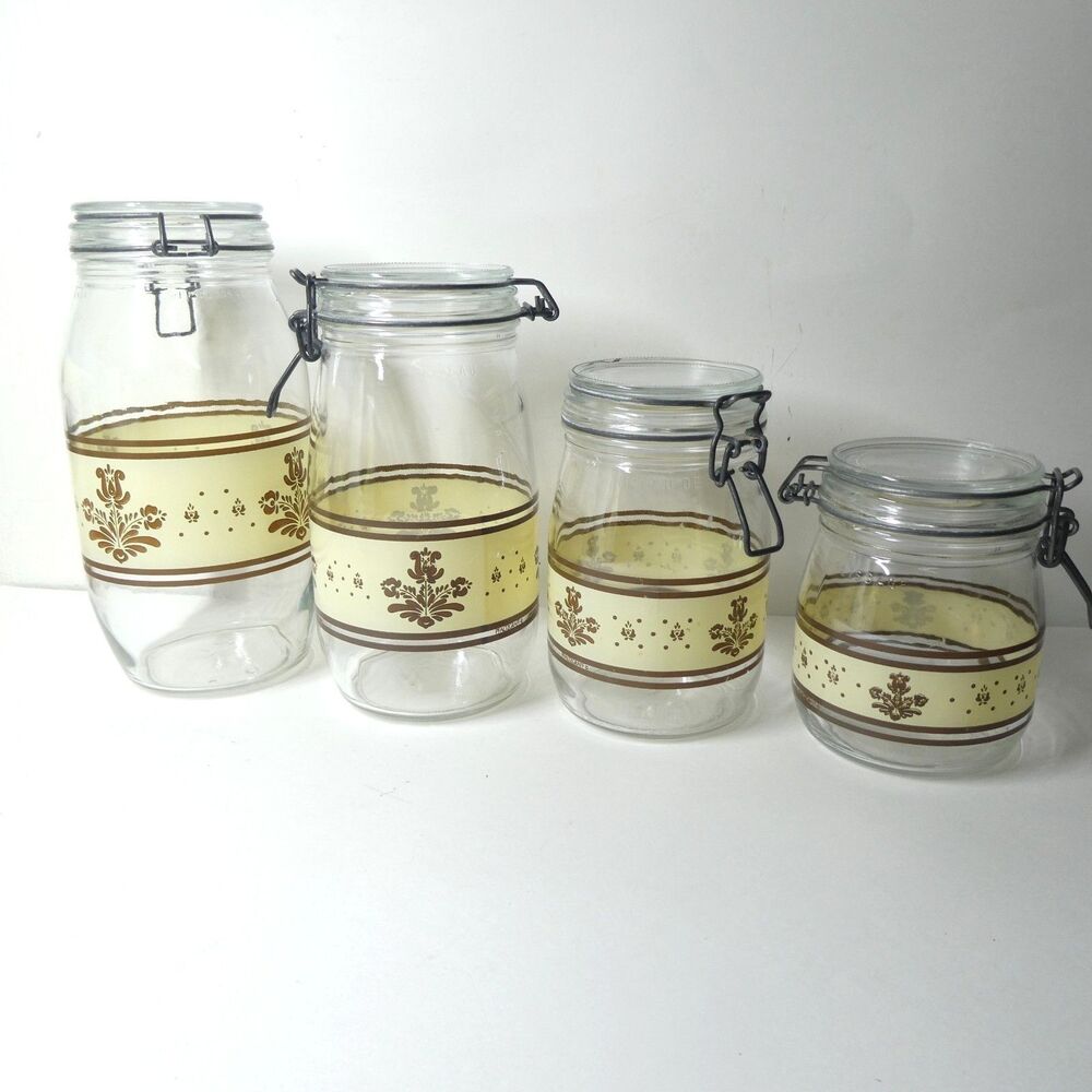 Pfaltzgraff Village Set of 4 Glass Canisters Hinged Lids Arcoroc France Vintage